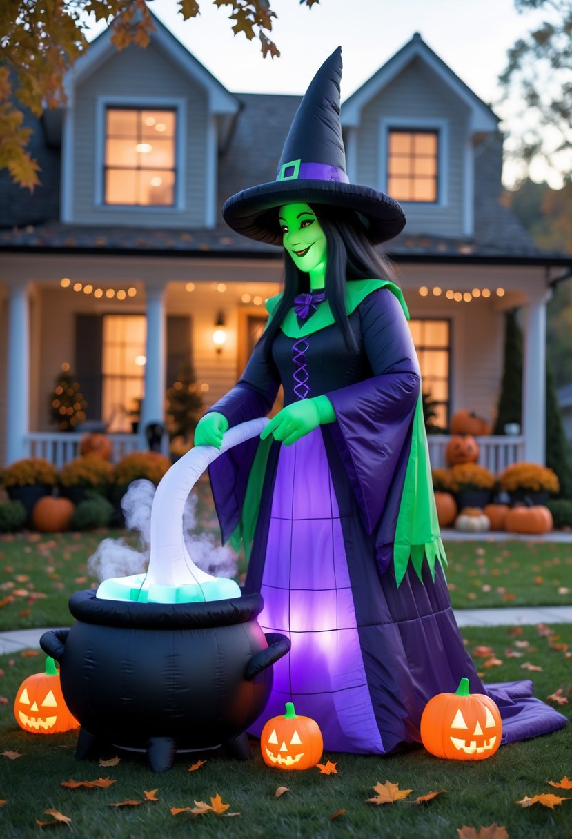 32 Outside Halloween Decorations Ideas 2025: Creative Ways to Transform Your Outdoor Space 5 An inflatable witch wearing a pointed hat stands outdoors next to a cauldron with smoke, surrounded by pumpkins and Halloween decorations in a yard.