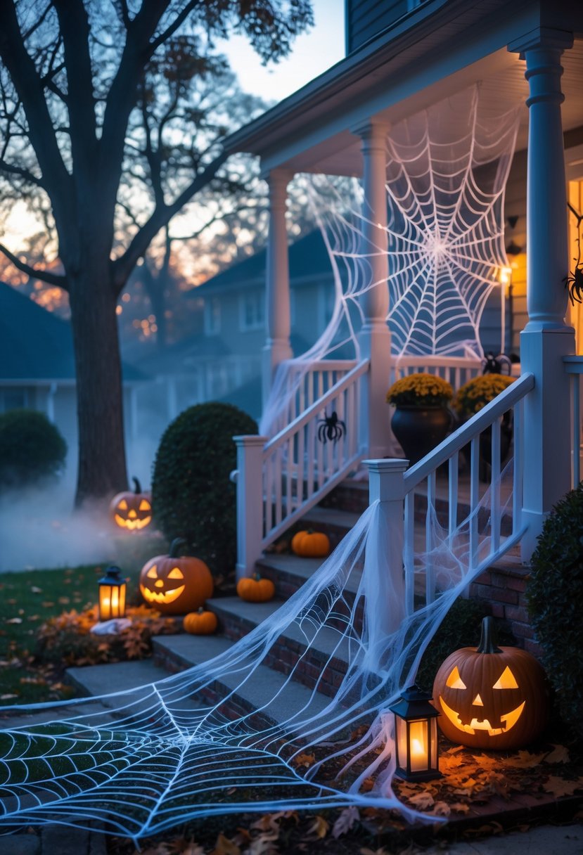 32 Outside Halloween Decorations Ideas 2025: Creative Ways to Transform Your Outdoor Space 6 Outdoor Halloween scene with spiderweb netting stretched across a porch and garden, decorated with small spiders, pumpkins, and lanterns in a suburban yard at twilight.