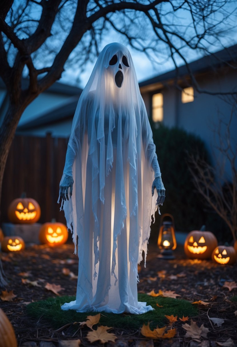 32 Outside Halloween Decorations Ideas 2025: Creative Ways to Transform Your Outdoor Space 7 Life-size haunted ghost decoration floating outdoors among pumpkins, fallen leaves, and eerie lanterns during dusk.