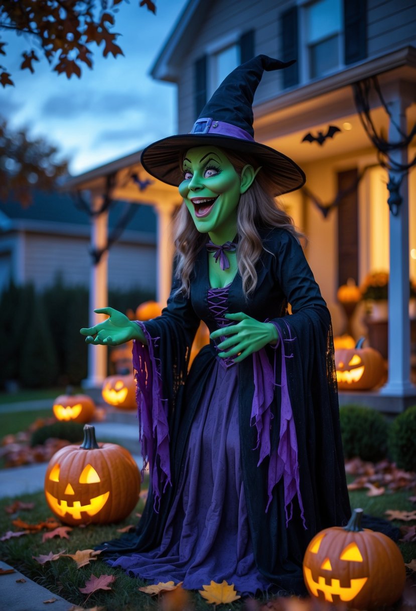 32 Outside Halloween Decorations Ideas 2025: Creative Ways to Transform Your Outdoor Space 10 An animated cackling witch decoration outdoors among pumpkins, autumn leaves, and Halloween lights on a house porch at twilight.