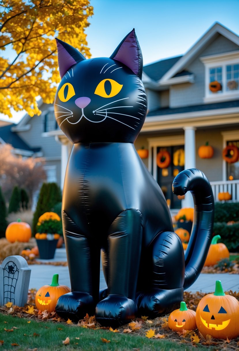32 Outside Halloween Decorations Ideas 2025: Creative Ways to Transform Your Outdoor Space 12 A large inflatable black cat displayed outdoors in a front yard decorated for Halloween with pumpkins and autumn leaves.