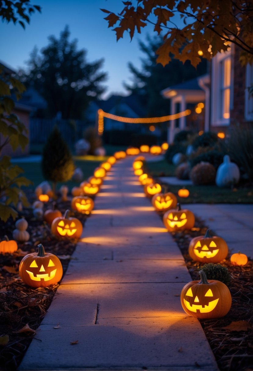 32 Outside Halloween Decorations Ideas 2025: Creative Ways to Transform Your Outdoor Space 13 A nighttime outdoor pathway lined with glowing pumpkin-shaped lights surrounded by autumn leaves and Halloween decorations.