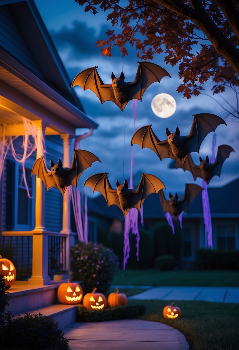 32 Outside Halloween Decorations Ideas 2025: Creative Ways to Transform Your Outdoor Space 14 Multiple scary bats hanging upside down outdoors among Halloween decorations in a dimly lit yard at night.