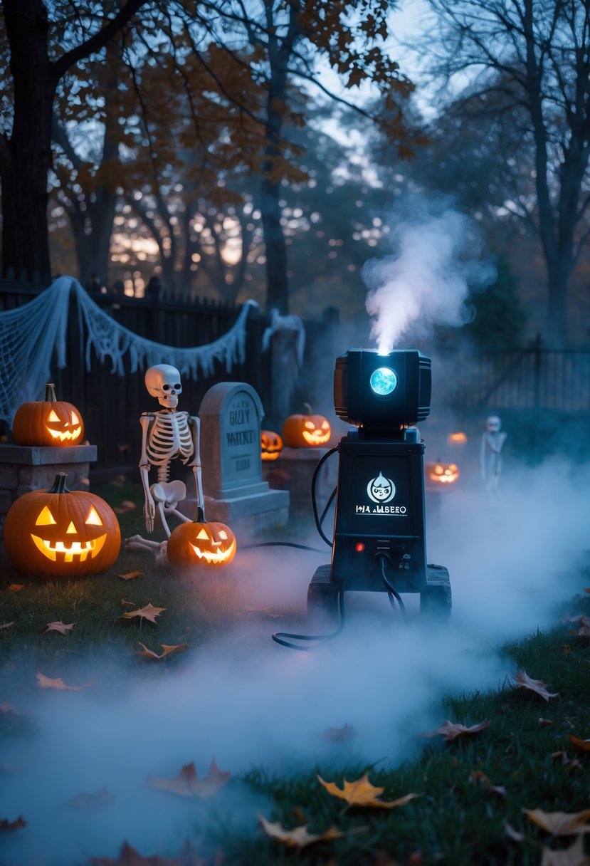 32 Outside Halloween Decorations Ideas 2025: Creative Ways to Transform Your Outdoor Space 15 Outdoor Halloween decorations with fog swirling around pumpkins, skeletons, and tombstones in a backyard at dusk.