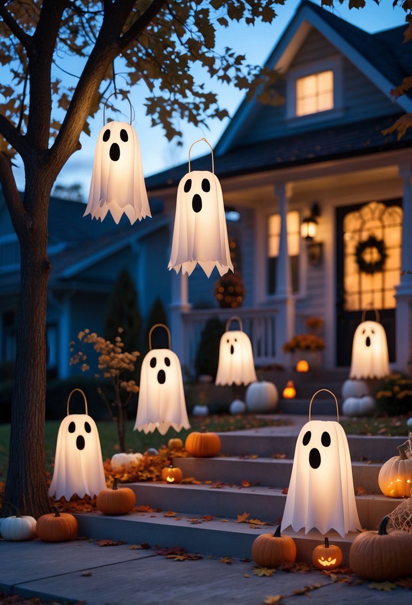 32 Outside Halloween Decorations Ideas 2025: Creative Ways to Transform Your Outdoor Space 16 Outdoor scene at dusk with glowing DIY ghost lanterns hanging from trees and placed along a walkway surrounded by pumpkins and autumn leaves.