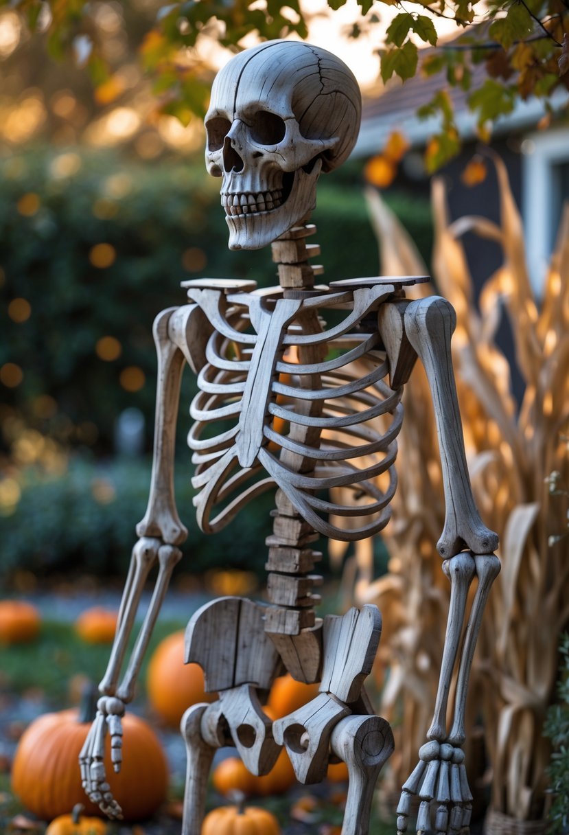 32 Outside Halloween Decorations Ideas 2025: Creative Ways to Transform Your Outdoor Space 17 A wooden skeleton decoration outdoors surrounded by pumpkins, fallen leaves, and autumn plants.
