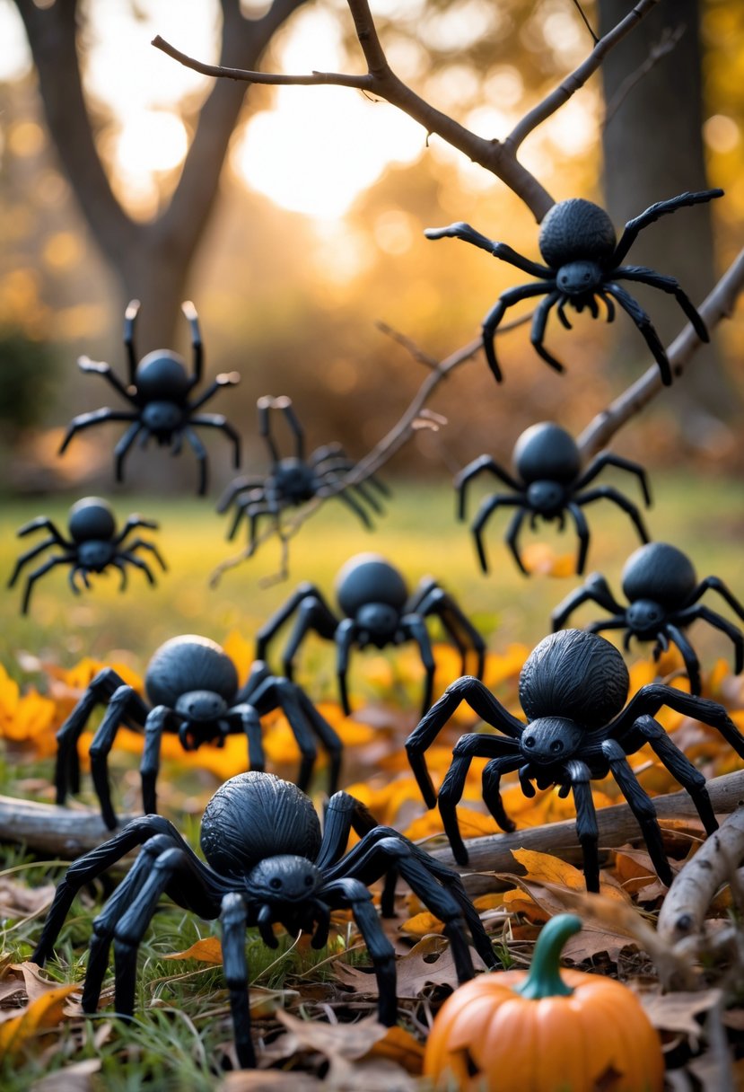 32 Outside Halloween Decorations Ideas 2025: Creative Ways to Transform Your Outdoor Space 18 A group of plastic spiders placed outdoors among autumn leaves and branches as Halloween decorations.
