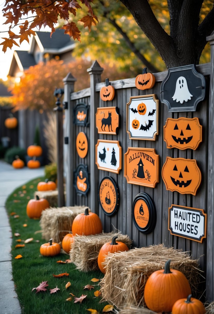 32 Outside Halloween Decorations Ideas 2025: Creative Ways to Transform Your Outdoor Space 19 Outdoor scene with various Halloween signs and decorations arranged in a garden surrounded by pumpkins, autumn leaves, and trees.