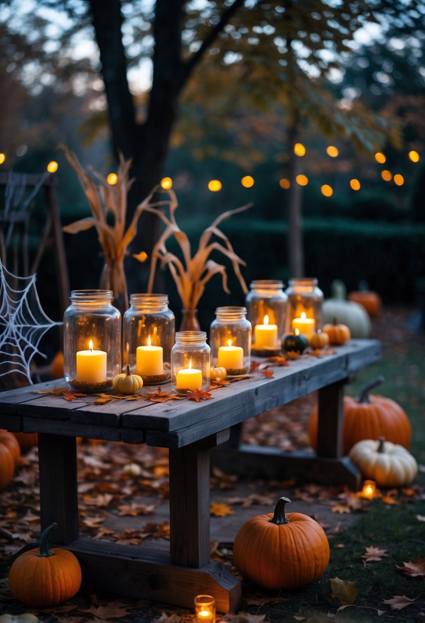 32 Outside Halloween Decorations Ideas 2025: Creative Ways to Transform Your Outdoor Space 20 Outdoor Halloween scene with battery-operated candle jars glowing on a wooden table surrounded by pumpkins and autumn leaves.