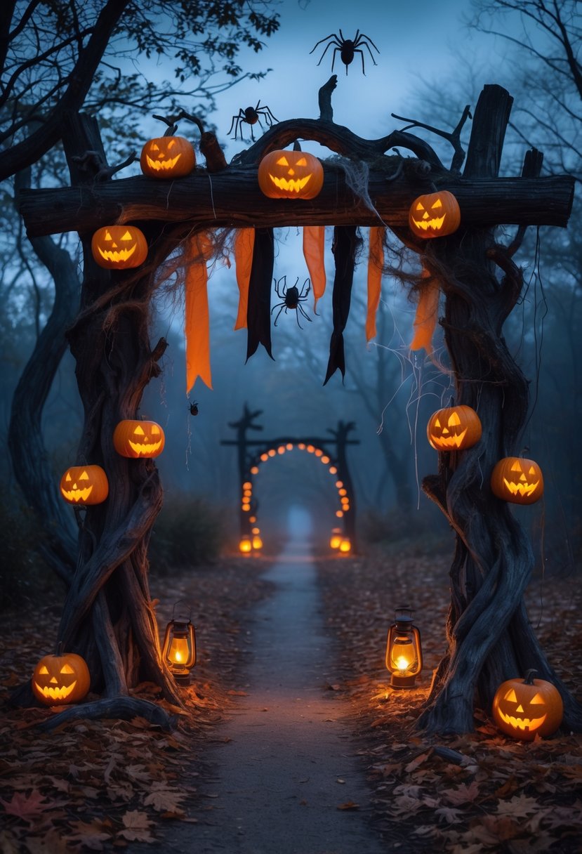 32 Outside Halloween Decorations Ideas 2025: Creative Ways to Transform Your Outdoor Space 21 A haunted trail entrance arch decorated with jack-o'-lanterns, cobwebs, and hanging fabric strips, leading into a dark forest with autumn leaves on the ground.