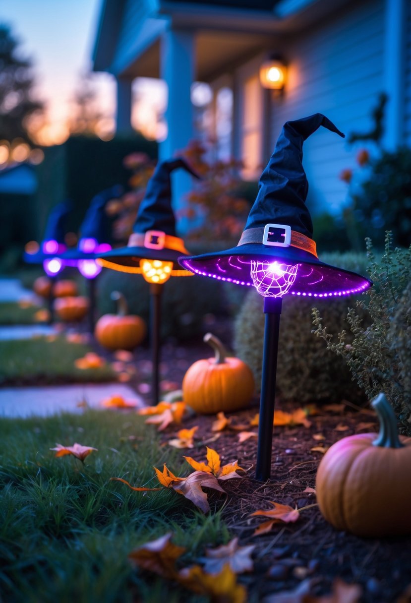 32 Outside Halloween Decorations Ideas 2025: Creative Ways to Transform Your Outdoor Space 22 Outdoor garden pathway decorated with glowing LED witch hat light stakes surrounded by pumpkins and autumn leaves at dusk.