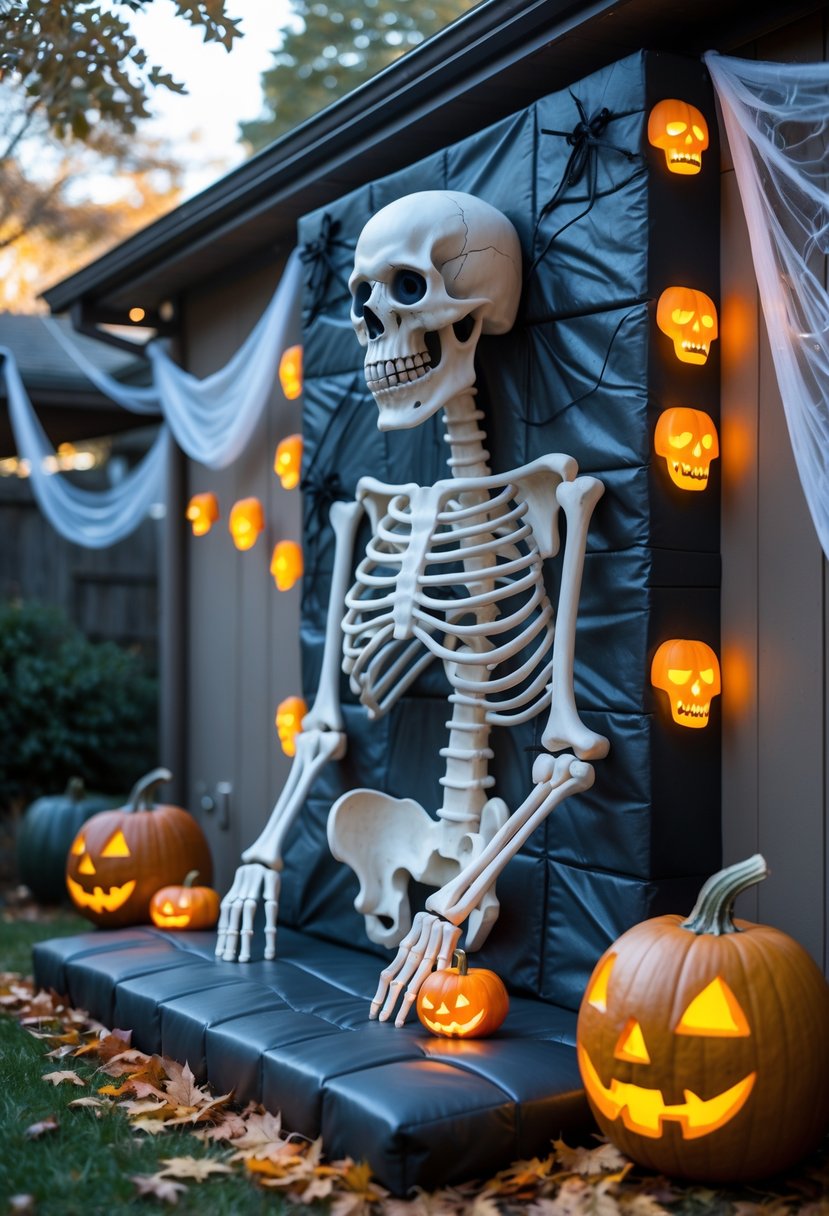 32 Outside Halloween Decorations Ideas 2025: Creative Ways to Transform Your Outdoor Space 23 An outdoor climbing wall designed as a large skeleton surrounded by Halloween decorations in a backyard setting.