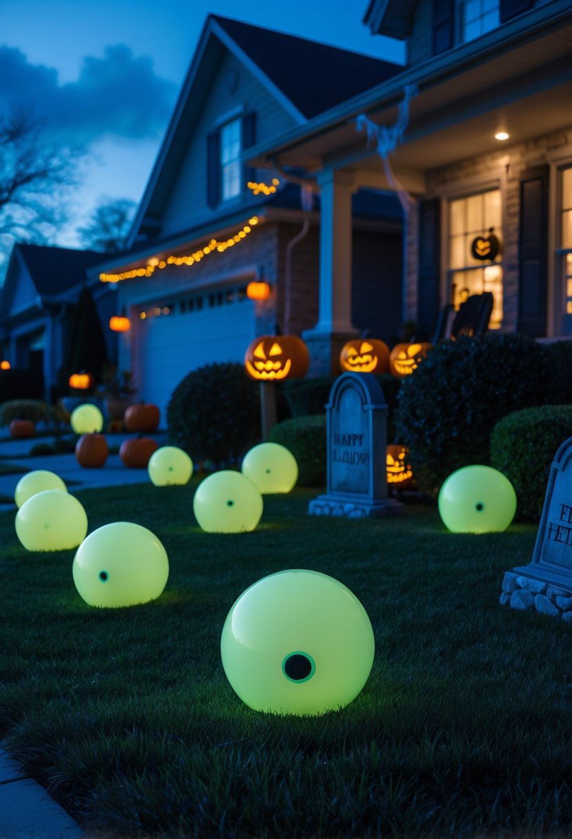 32 Outside Halloween Decorations Ideas 2025: Creative Ways to Transform Your Outdoor Space 24 Outdoor front yard decorated with glowing eyeballs scattered among Halloween props like pumpkins and tombstones at dusk.