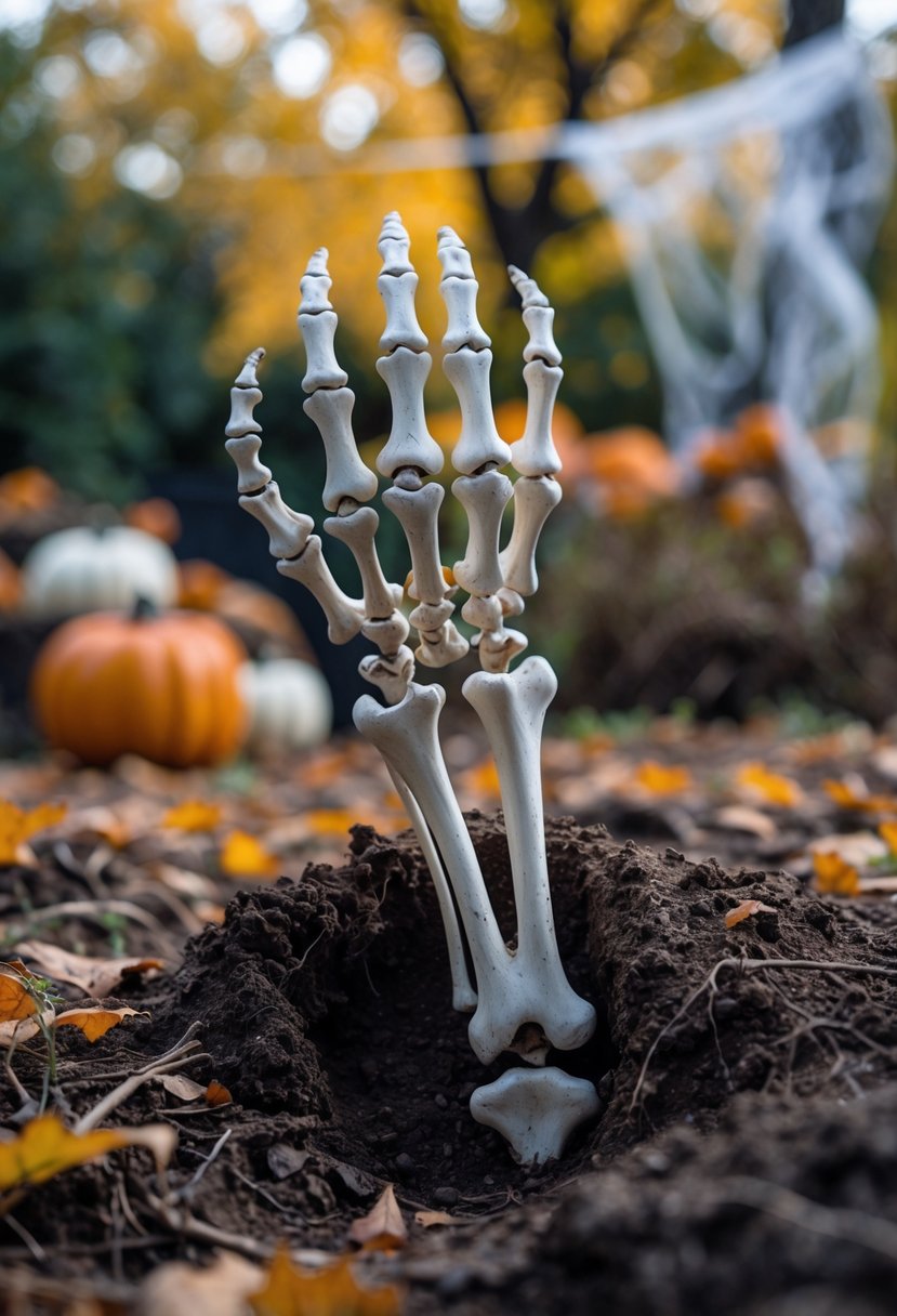 32 Outside Halloween Decorations Ideas 2025: Creative Ways to Transform Your Outdoor Space 25 A skeleton hand emerging from the ground outdoors with autumn leaves and Halloween decorations around it.