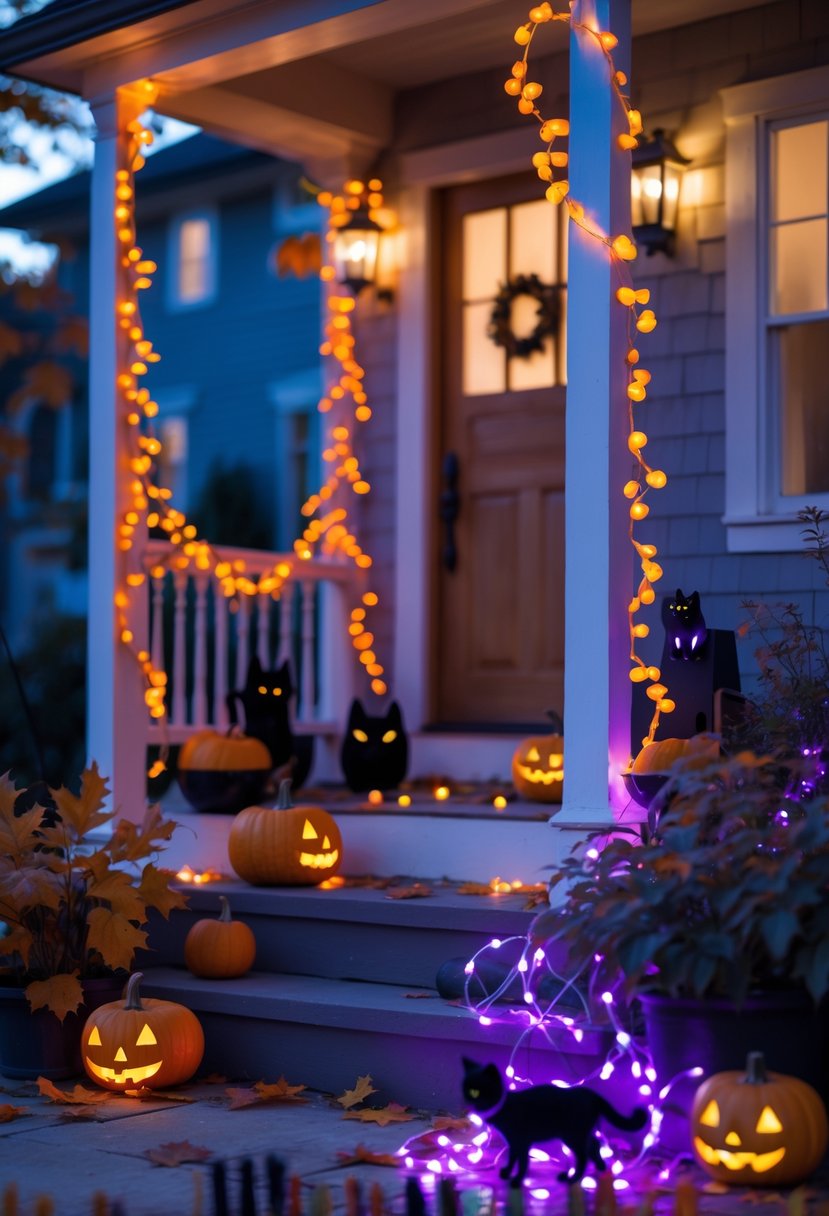 32 Outside Halloween Decorations Ideas 2025: Creative Ways to Transform Your Outdoor Space 26 Outdoor Halloween decorations with orange and purple string lights hanging around a porch and garden at dusk, surrounded by pumpkins and autumn leaves.