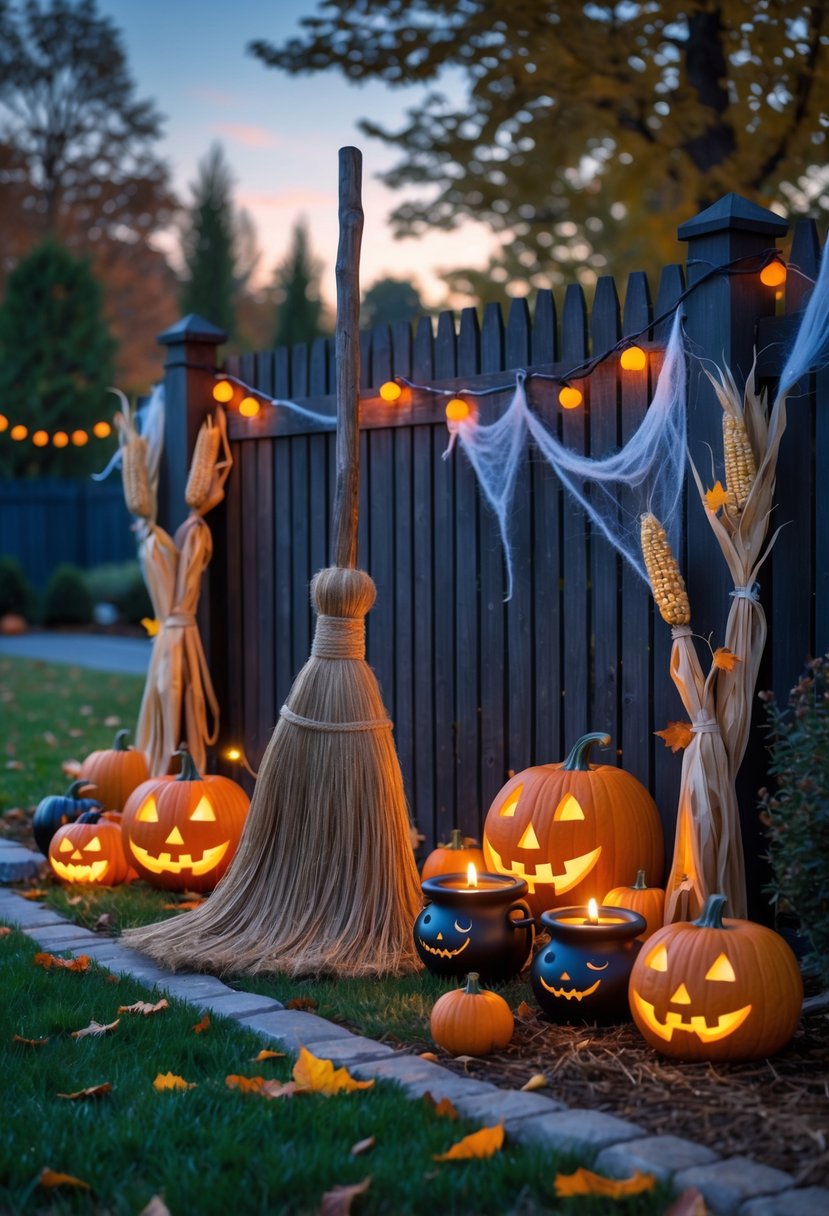 32 Outside Halloween Decorations Ideas 2025: Creative Ways to Transform Your Outdoor Space 27 Outdoor Halloween yard display with a witch's broom, pumpkins, jack-o'-lanterns, corn stalks, and autumn leaves under a twilight sky.