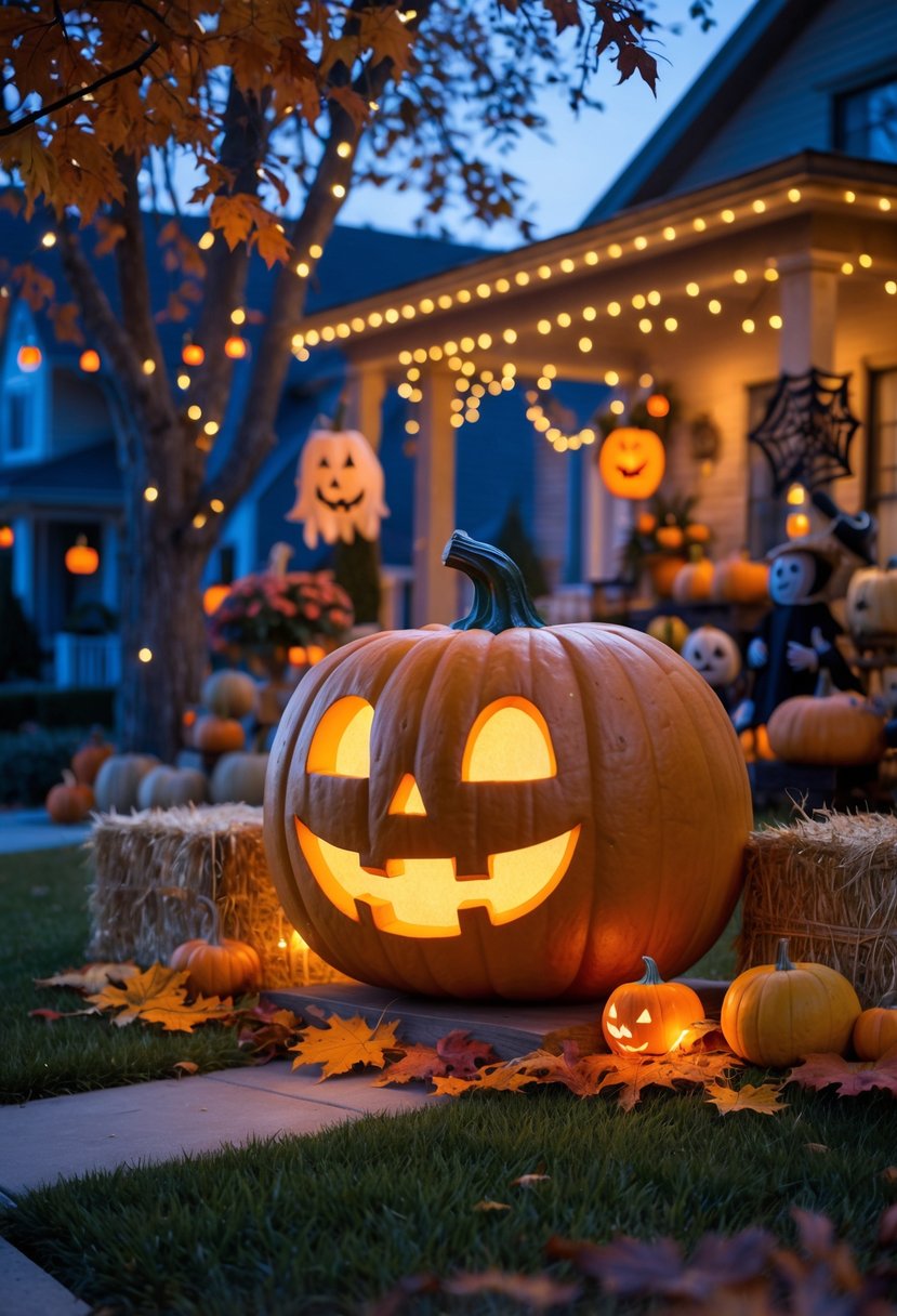 32 Outside Halloween Decorations Ideas 2025: Creative Ways to Transform Your Outdoor Space 28 An outdoor Halloween scene featuring a large carved pumpkin with a glowing animated face surrounded by fall decorations and string lights in a front yard.
