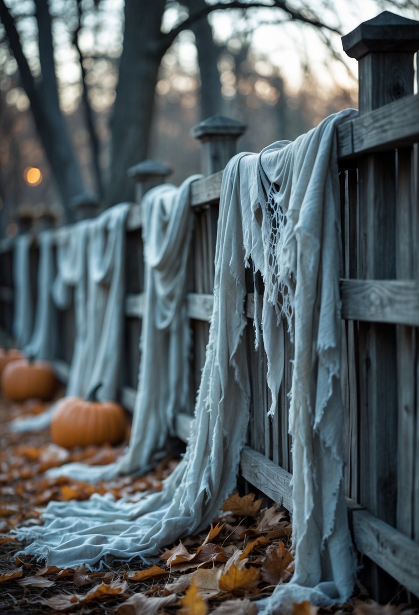 32 Outside Halloween Decorations Ideas 2025: Creative Ways to Transform Your Outdoor Space 29 A wooden fence outdoors draped with tattered cloth and surrounded by autumn leaves and Halloween decorations.