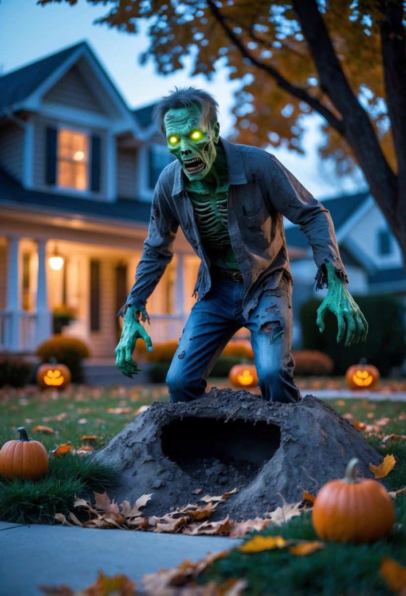32 Outside Halloween Decorations Ideas 2025: Creative Ways to Transform Your Outdoor Space 30 A zombie prop rising from the ground in a front yard decorated for Halloween with pumpkins and cobwebs at dusk.