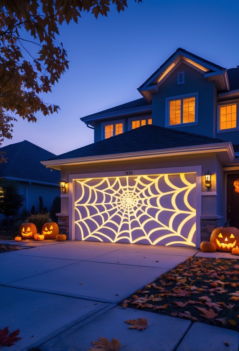 32 Outside Halloween Decorations Ideas 2025: Creative Ways to Transform Your Outdoor Space 31 A house garage door covered with a glowing spider web projection surrounded by Halloween decorations like pumpkins and autumn leaves at twilight.