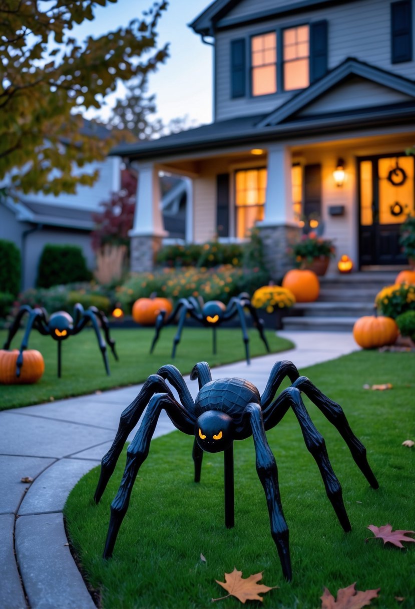 32 Outside Halloween Decorations Ideas 2025: Creative Ways to Transform Your Outdoor Space 32 A front yard decorated with large spider-shaped stakes, pumpkins, and autumn leaves near a house entrance at twilight.