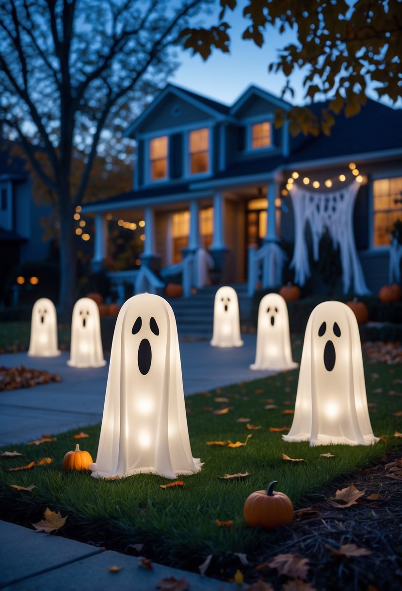32 Outside Halloween Decorations Ideas 2025: Creative Ways to Transform Your Outdoor Space 33 Outdoor Halloween scene with glowing ghost silhouettes lit up in a front yard decorated for Halloween.