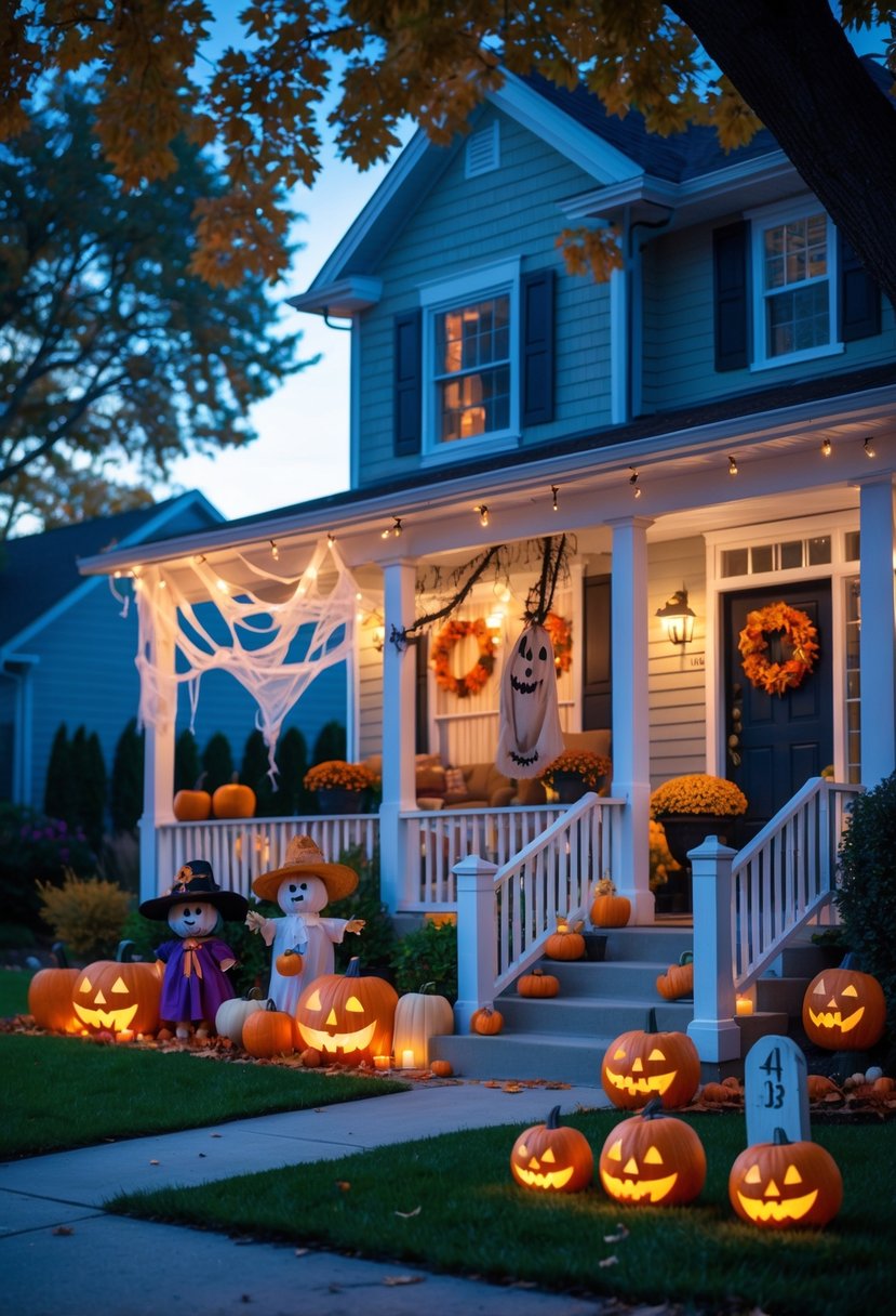 32 Outside Halloween Decorations Ideas 2025: Creative Ways to Transform Your Outdoor Space 35 A front yard decorated with glowing carved pumpkins, ghost lanterns, cobwebs, autumn wreaths, scarecrows, and tombstones at dusk.