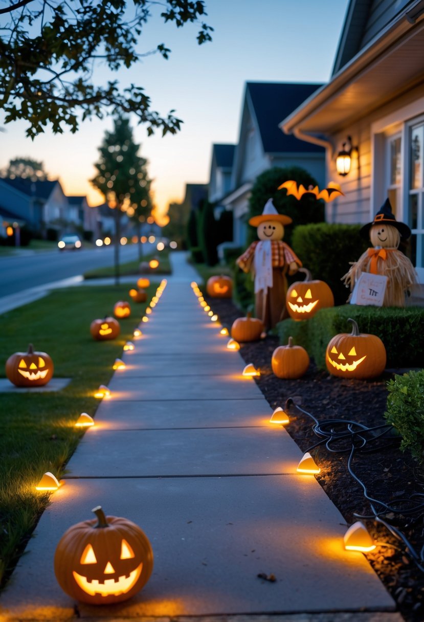 32 Outside Halloween Decorations Ideas 2025: Creative Ways to Transform Your Outdoor Space 36 A suburban front yard decorated for Halloween with pumpkins, scarecrows, and well-lit pathways ensuring safe outdoor decorations.
