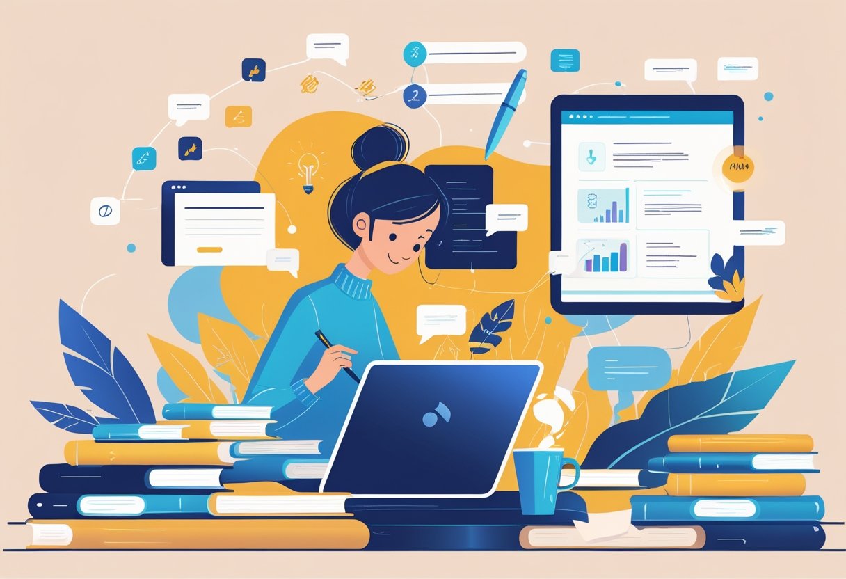 A person working at a desk with a laptop and writing materials, surrounded by icons representing different writing niches and an online marketplace.