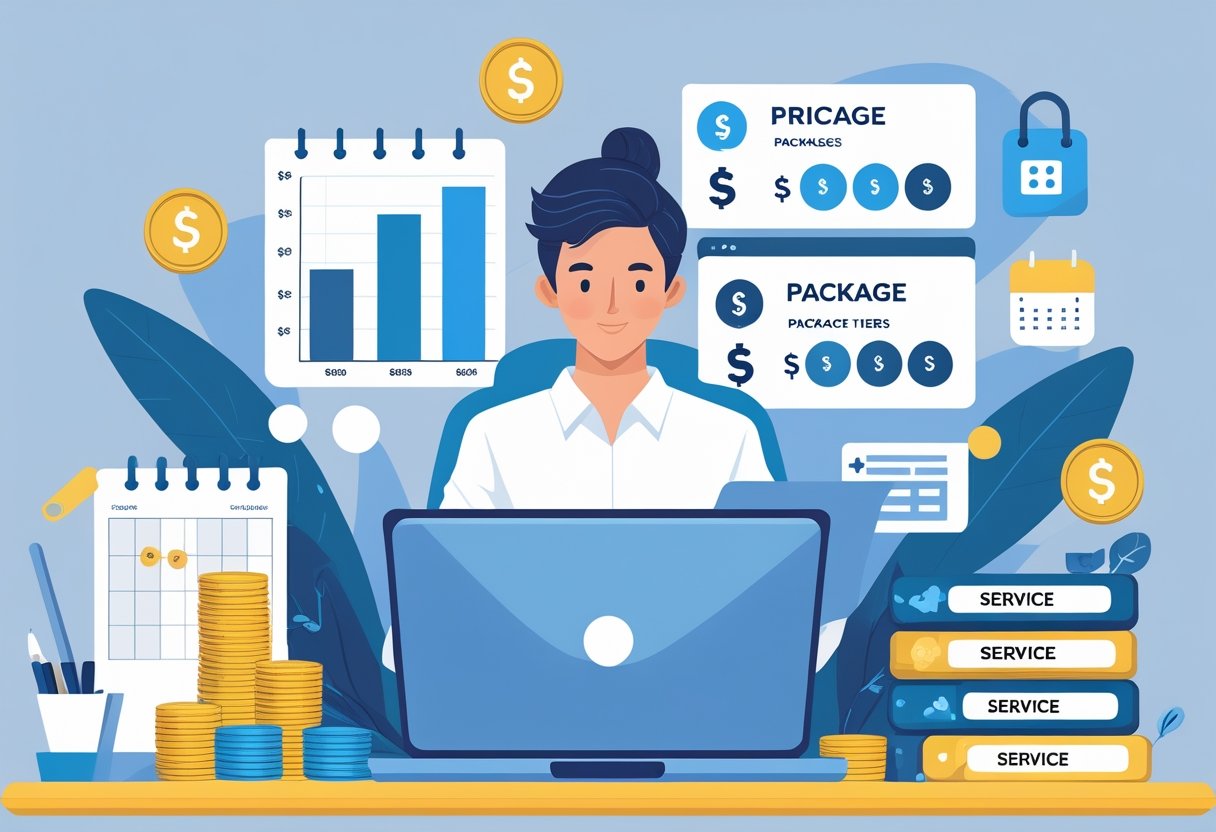 A person working at a desk with a laptop displaying pricing charts and service packages, surrounded by symbols of money and organized planning.