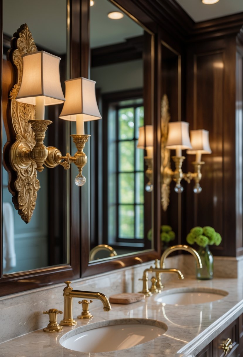 A bathroom interior with brass wall sconces and elegant fixtures, featuring a marble countertop and warm lighting.