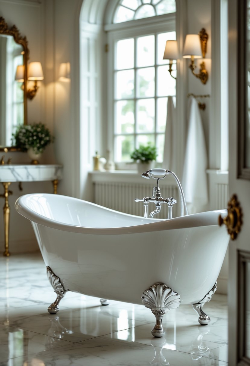 A clawfoot bathtub with polished chrome feet in a well-lit bathroom with tiled floors and decorative fixtures.