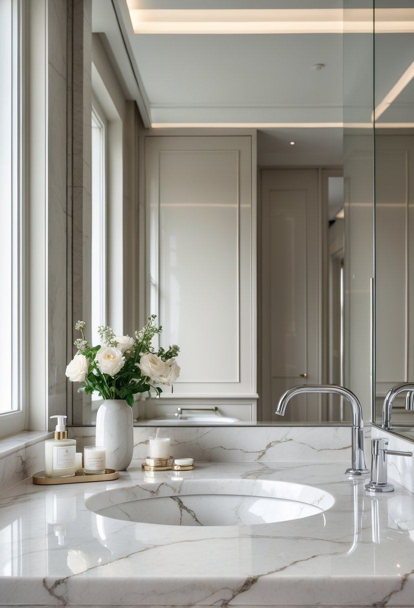 A bathroom countertop made of marble with subtle veins, featuring a sink, chrome fixtures, a mirror, and decorative items.