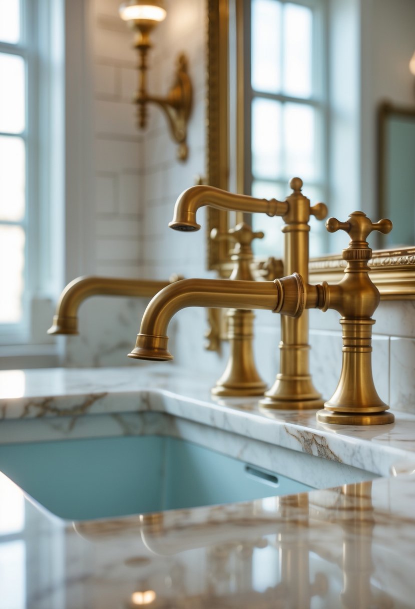 Close-up of antique brass faucets and handles on a marble bathroom countertop with a mirror and tiled wall in the background.