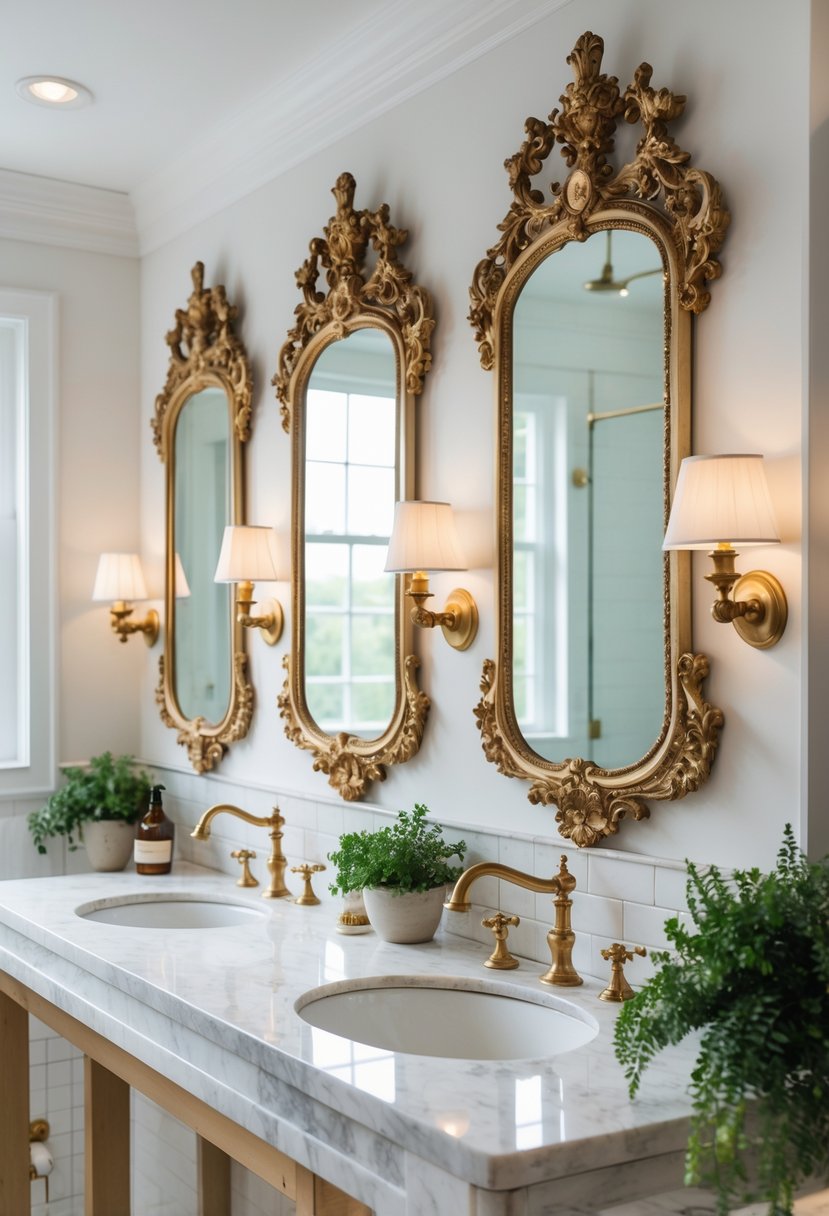 A bathroom with several ornate vintage mirrors above a marble countertop with dual sinks and brass fixtures.