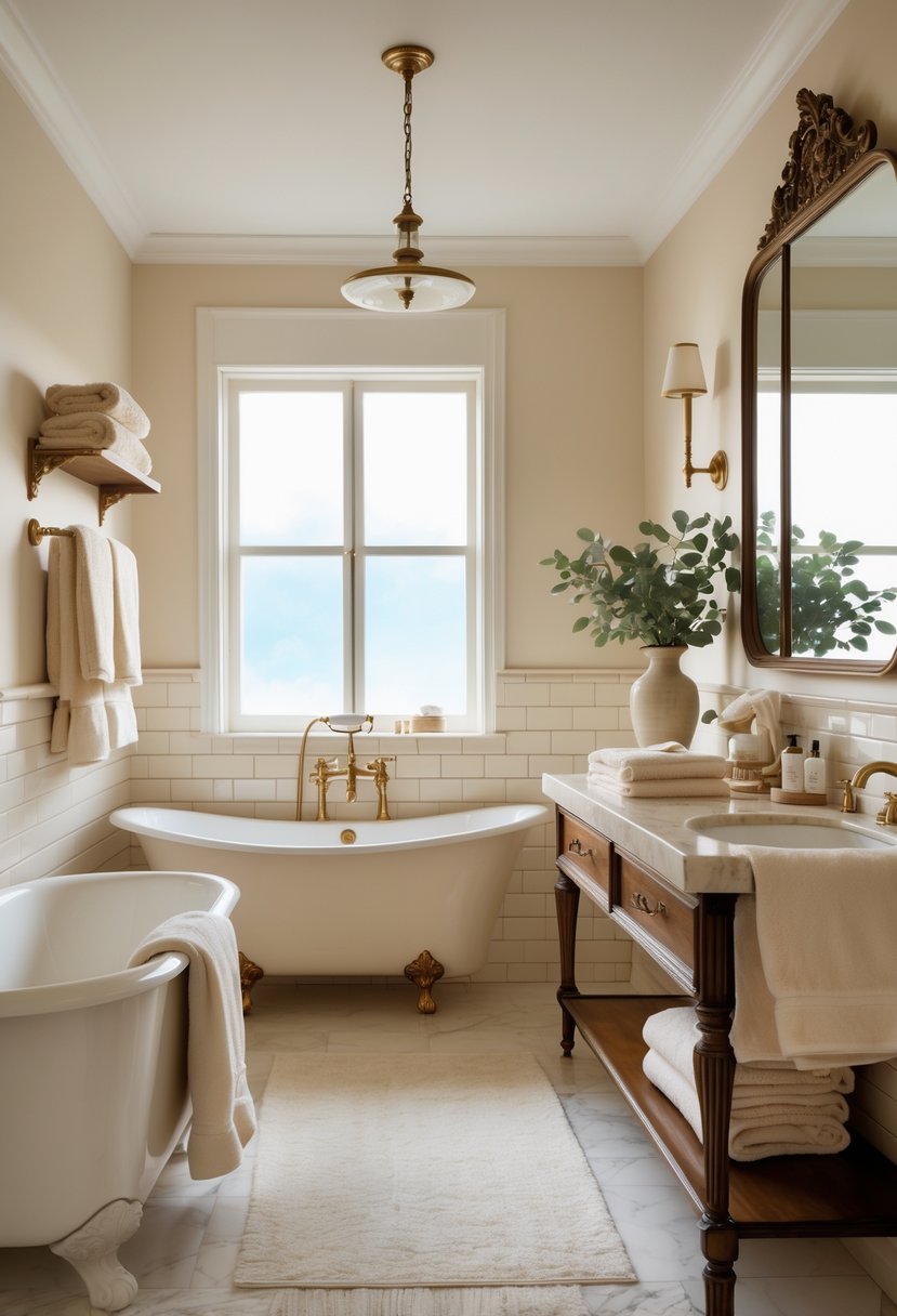 A bathroom with a freestanding bathtub, double sink vanity, marble countertops, and cream and beige decor.