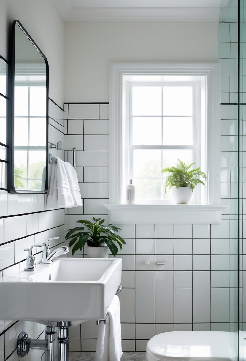 A bathroom interior with white subway tiled walls and dark grout, a white sink with chrome fixtures, a mirror, and a small plant.