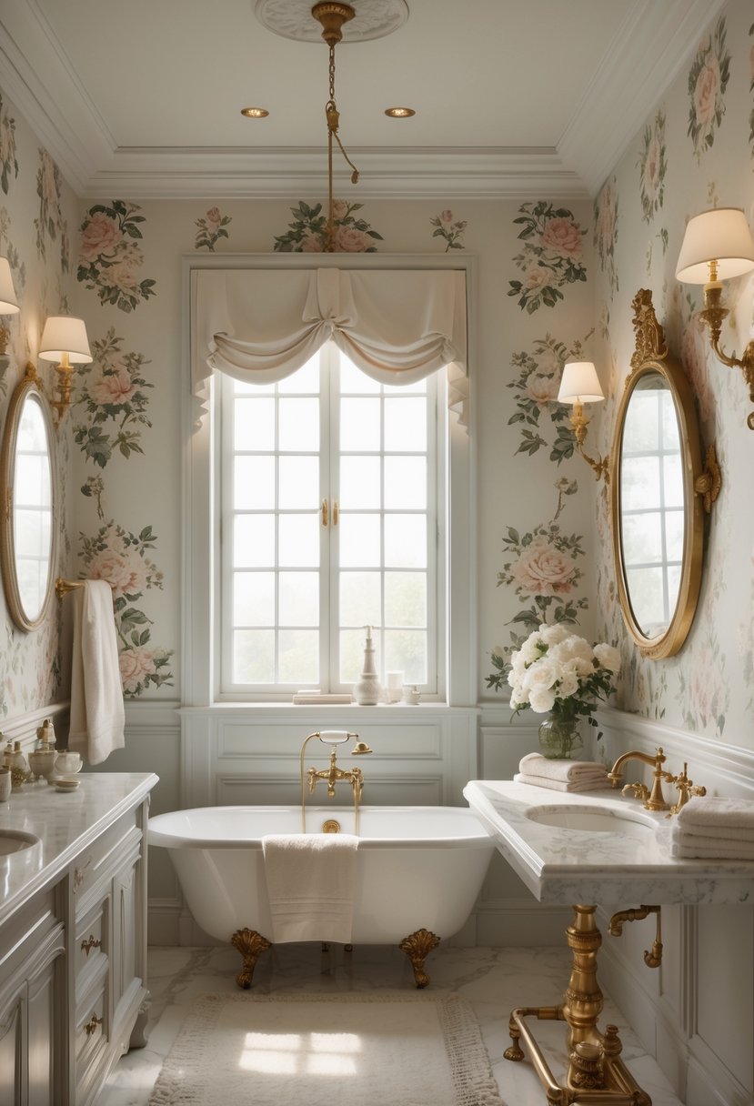 A luxurious bathroom with floral wallpaper, a freestanding bathtub, marble countertops, and elegant fixtures.