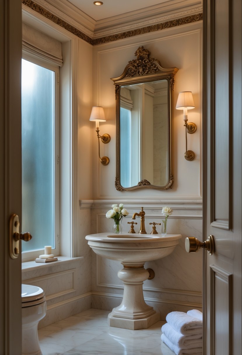 A luxurious bathroom with a freestanding pedestal sink, a vintage-style mirror, polished brass fixtures, and soft natural light illuminating the space.