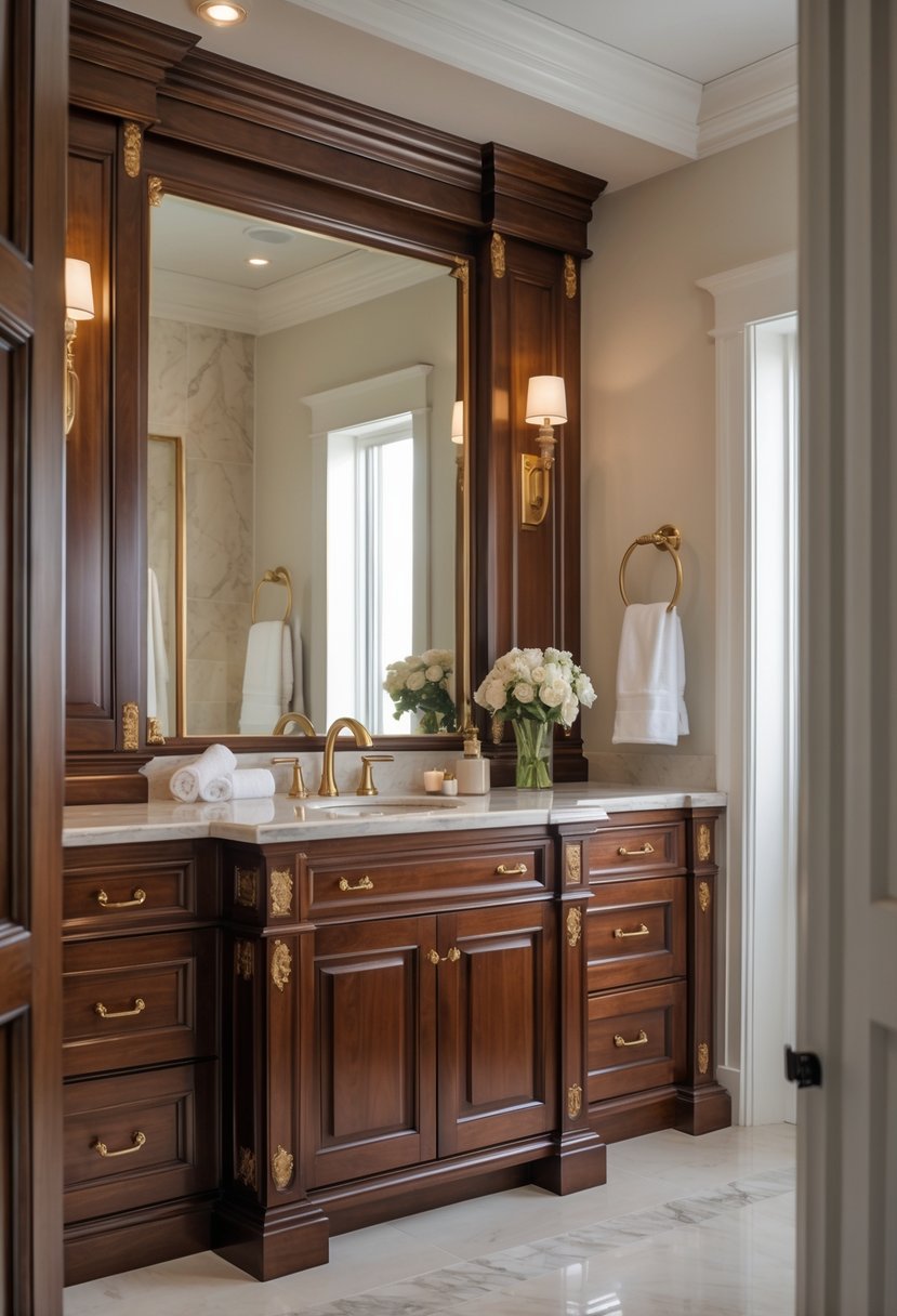 A bathroom with rich mahogany cabinets, brass hardware, a marble countertop, a large mirror, and soft lighting.