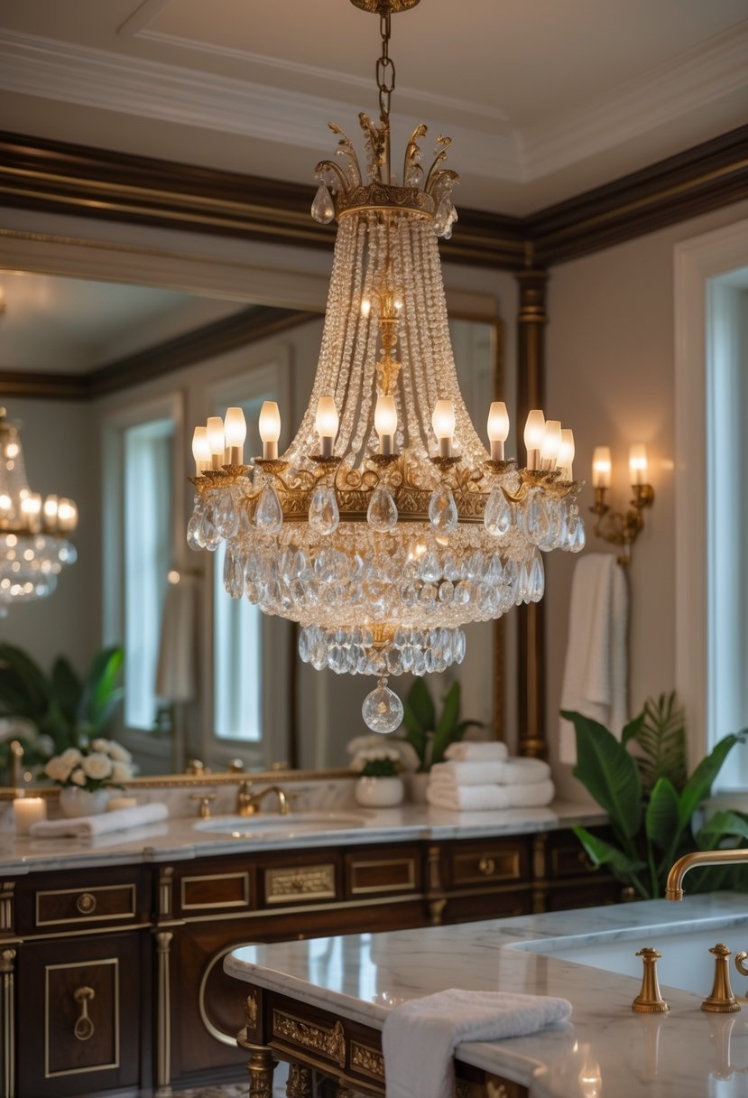 A bathroom with a crystal chandelier hanging from the ceiling, marble countertops, and polished fixtures.