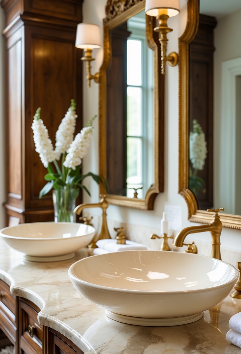 A bathroom with porcelain vessel sinks on a marble countertop, brass faucets, wooden cabinets, and decorative mirrors.