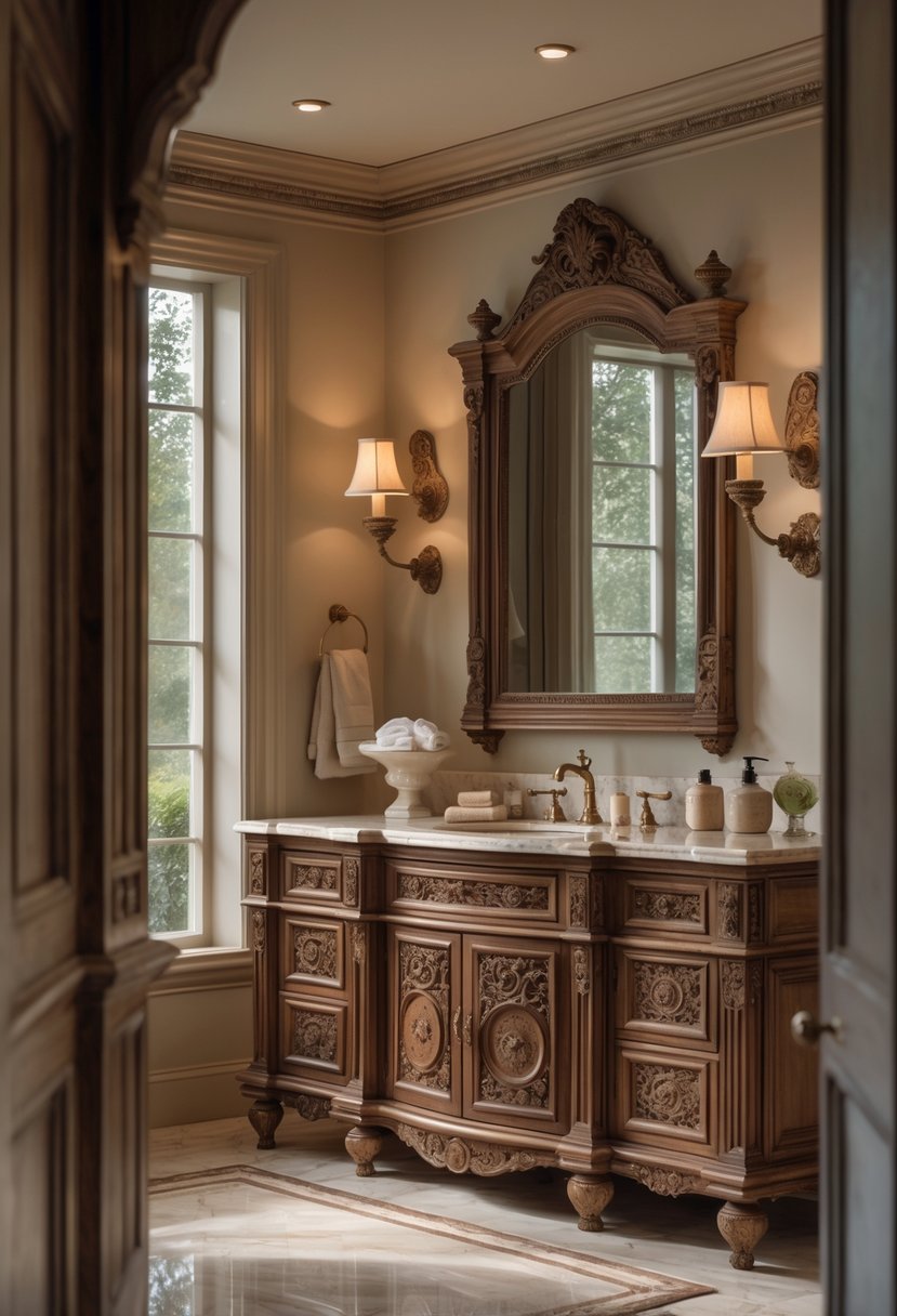 A bathroom with carved wooden vanities, a large mirror, and warm lighting.