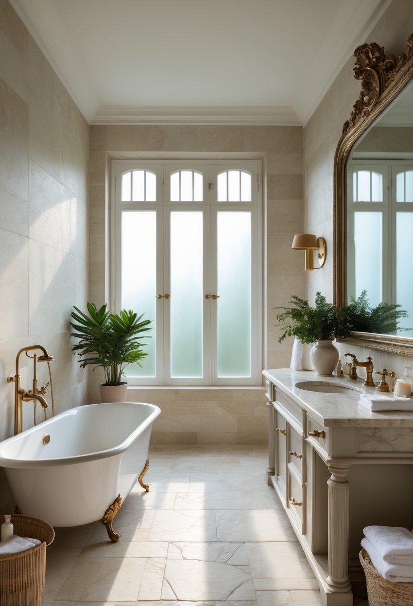 A bathroom with neutral stone flooring, a freestanding bathtub, a marble vanity with a large mirror, and soft natural light.