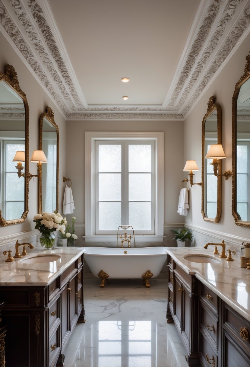 A bathroom interior with decorative crown molding, a freestanding bathtub, marble countertops, and brass fixtures.