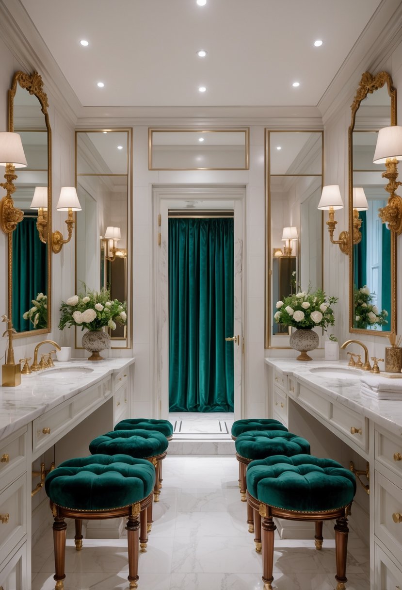 A luxurious bathroom with velvet-upholstered stools, marble countertops, and elegant fixtures.