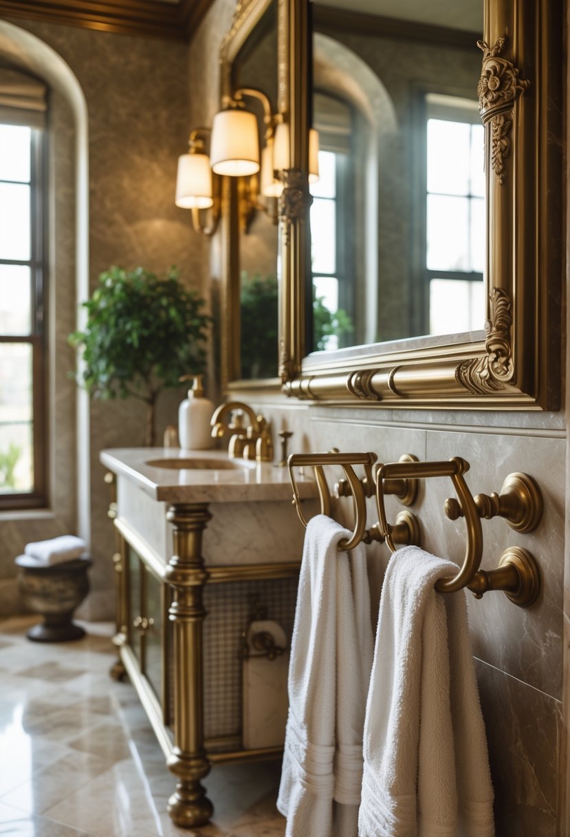 A bathroom interior with brass towel racks and hooks holding white towels, a marble countertop, and a large mirror.