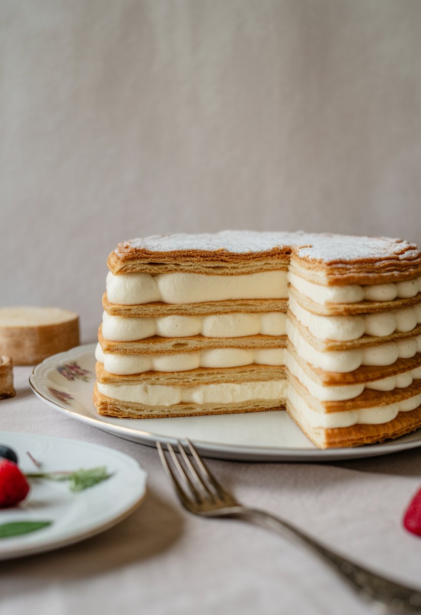 A sliced Millefoglie cake with layers of puff pastry and Chantilly cream on a white plate, accompanied by fresh berries and a fork.