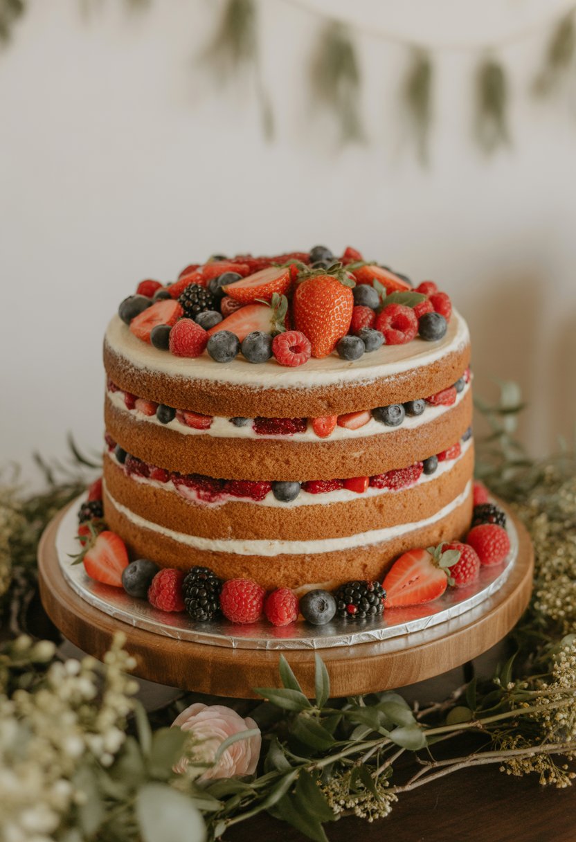 A multi-layered rustic naked cake topped with fresh strawberries, raspberries, blueberries, and blackberries on a wooden stand.