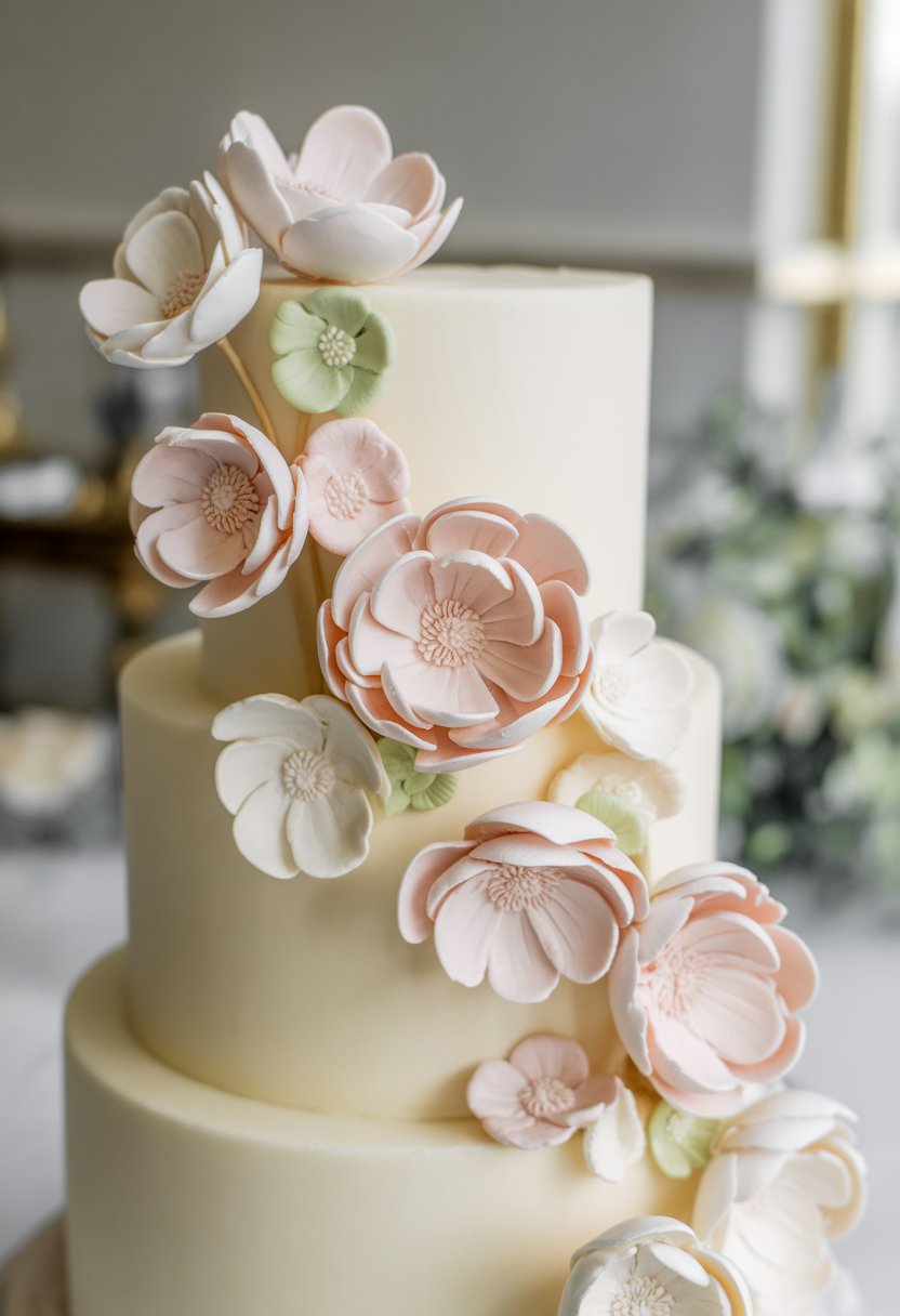 A multi-tiered white wedding cake decorated with delicate sugar flowers in pastel colors.